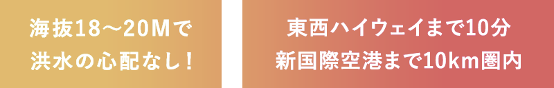 「海抜18～20Mで洪水の心配なし！」「東西ハイウェイまで10分 新国際空港まで10km圏内」